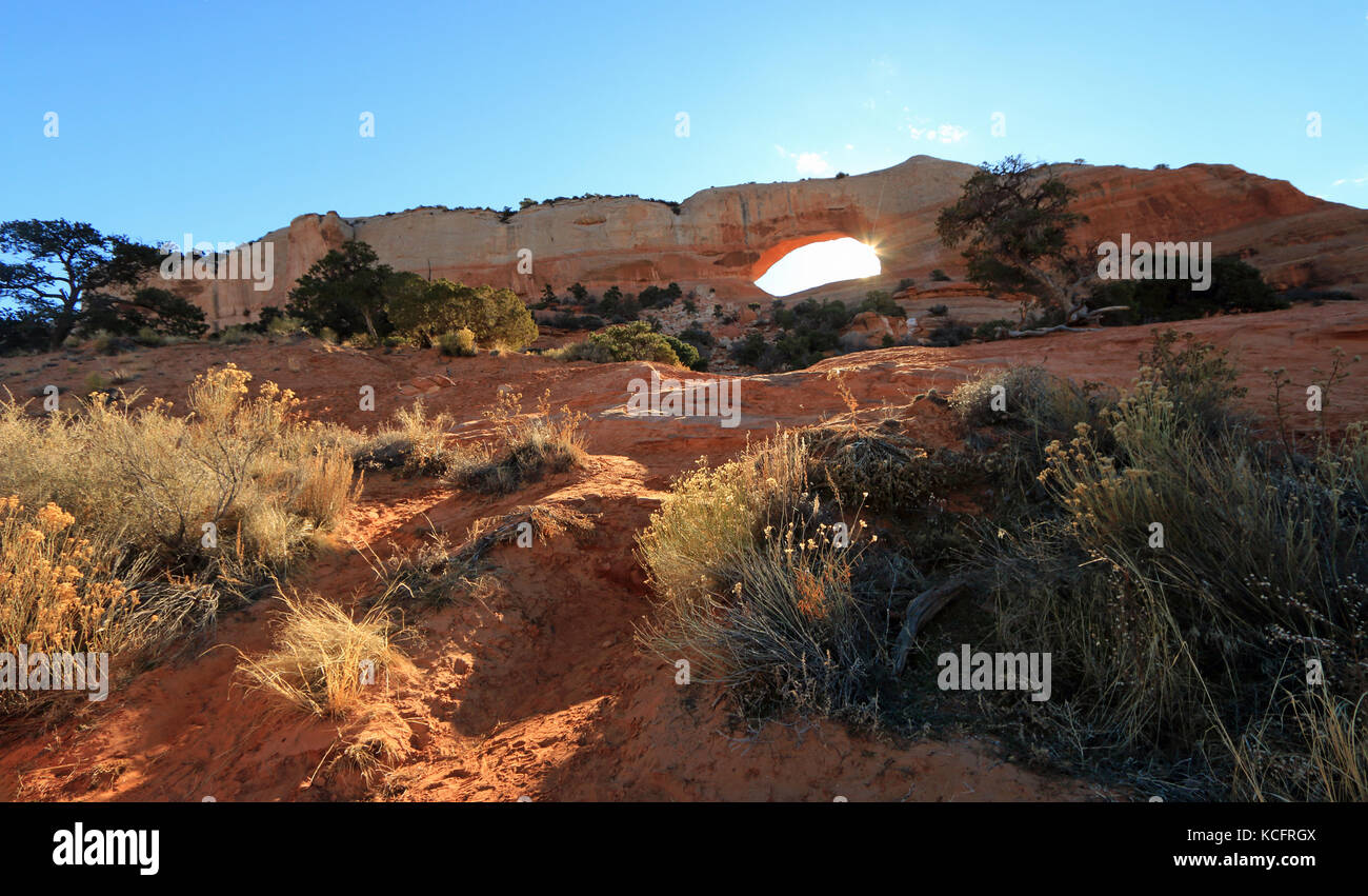 La mattina presto di flussi di luce solare attraverso wilson arch, al di fuori del Parco Nazionale di Arches nel deserto dello Utah deserto Foto Stock