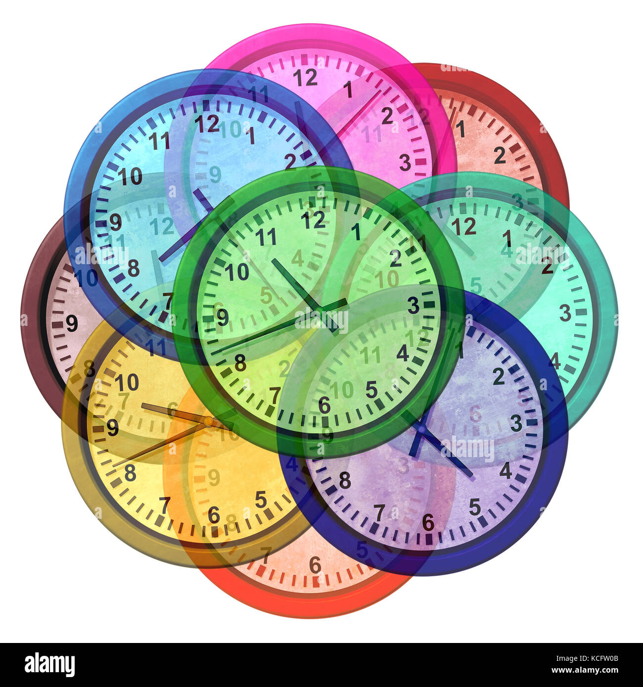 Orologi del fuso orario e simbolo di viaggi d'affari nel mondo come un gruppo di icone dell'orologio che rappresentano diverse città internazionali come pechino, New york. Foto Stock