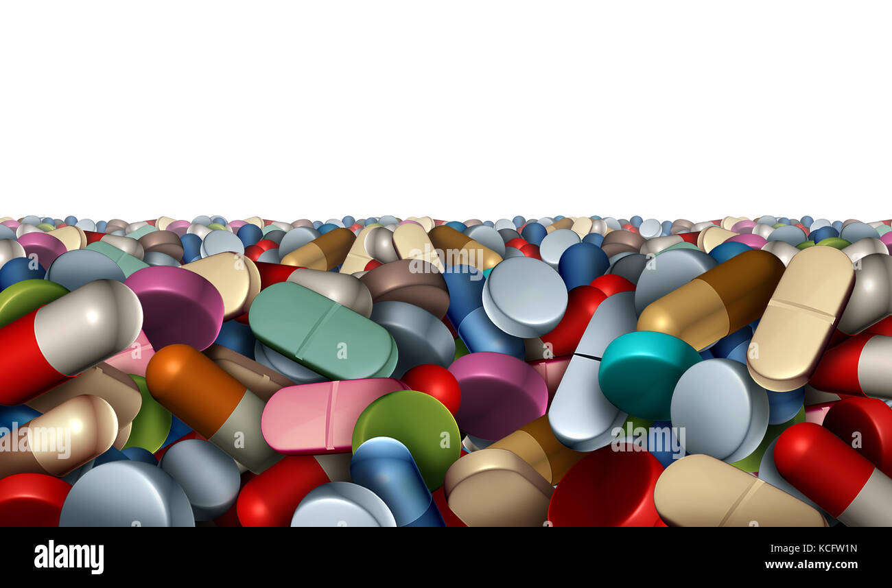 Medicina e Farmacia o sfondo farmaceutica come un gruppo di pillole e capsule o supplementi di vitamina isolata su uno sfondo bianco. Foto Stock