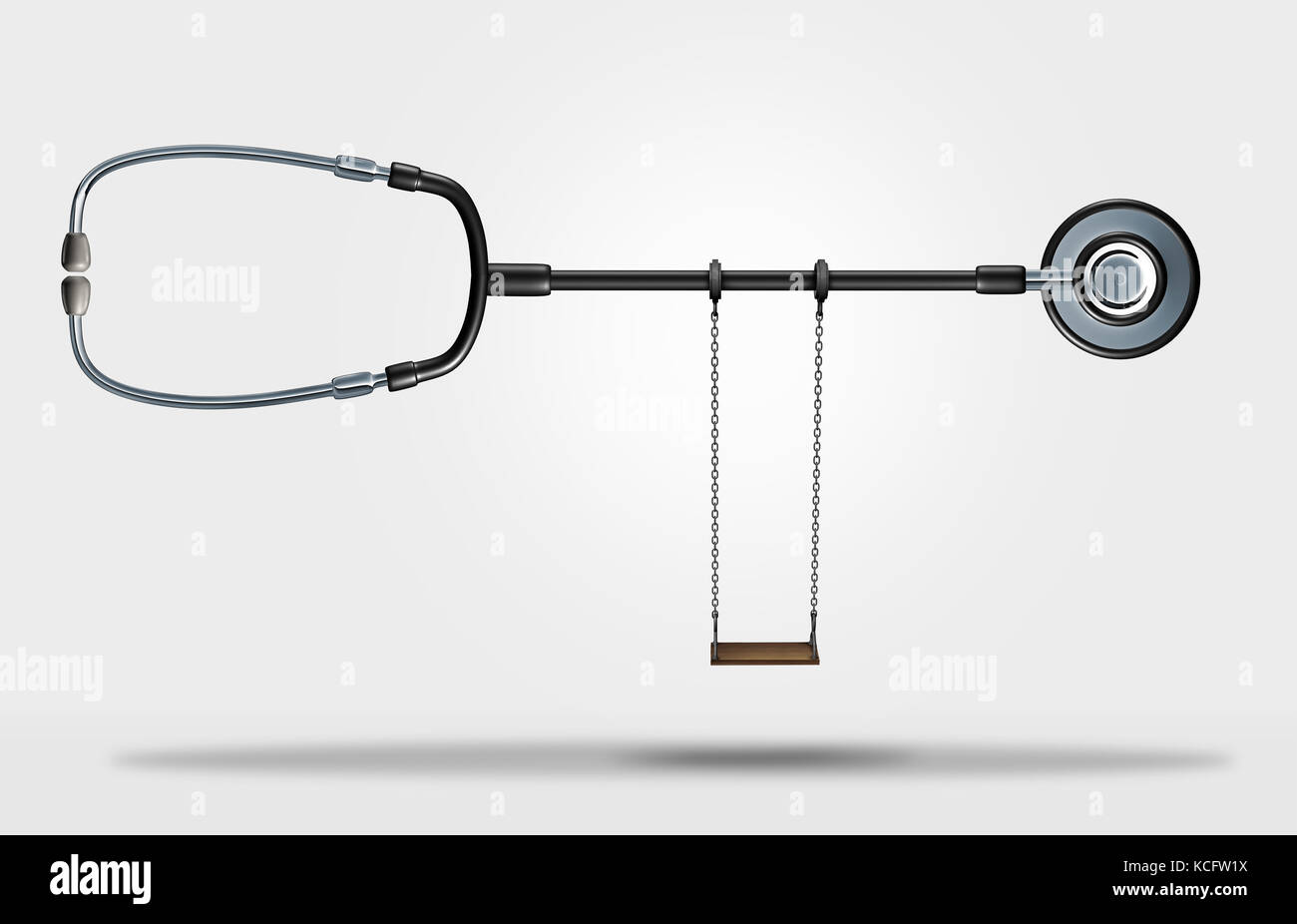 Bambino simbolo sanitari e pazienti pediatrici o medico pediatra nozione come un medic uno stetoscopio con un capretto oscillare come un 3d'illustrazione. Foto Stock