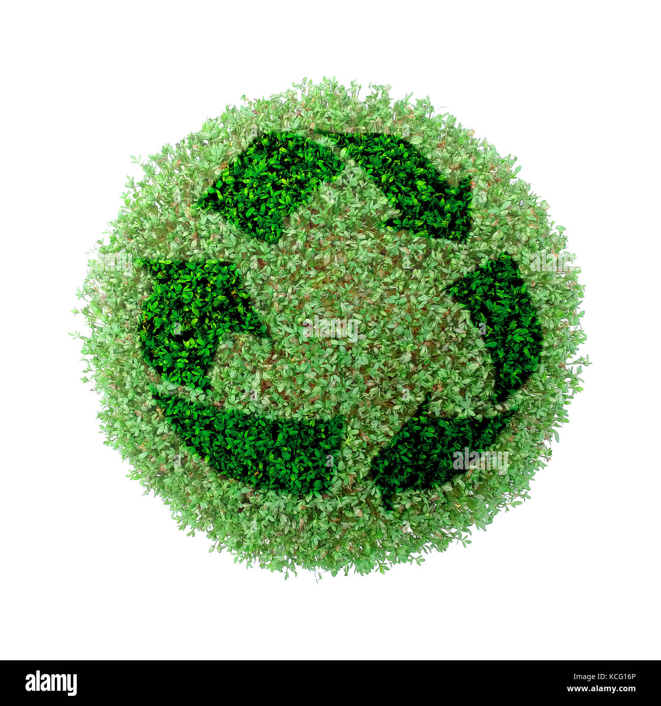 Pianta verde globo con sovrapposto simbolo di riciclaggio su sfondo bianco Foto Stock