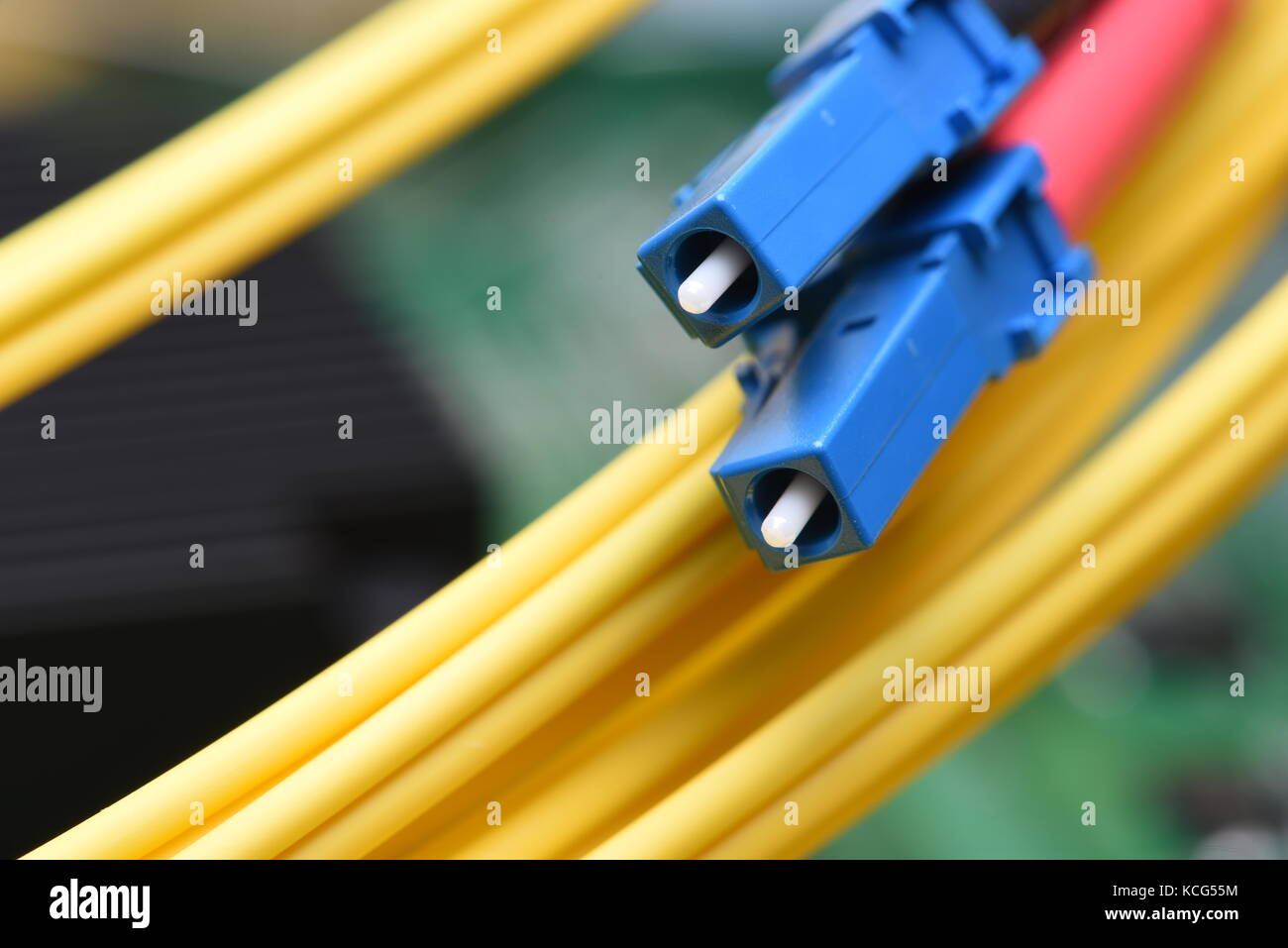 Cavo in fibra ottica cavo patch sulla scheda madre del computer, ottico la tecnologia di rete Foto Stock