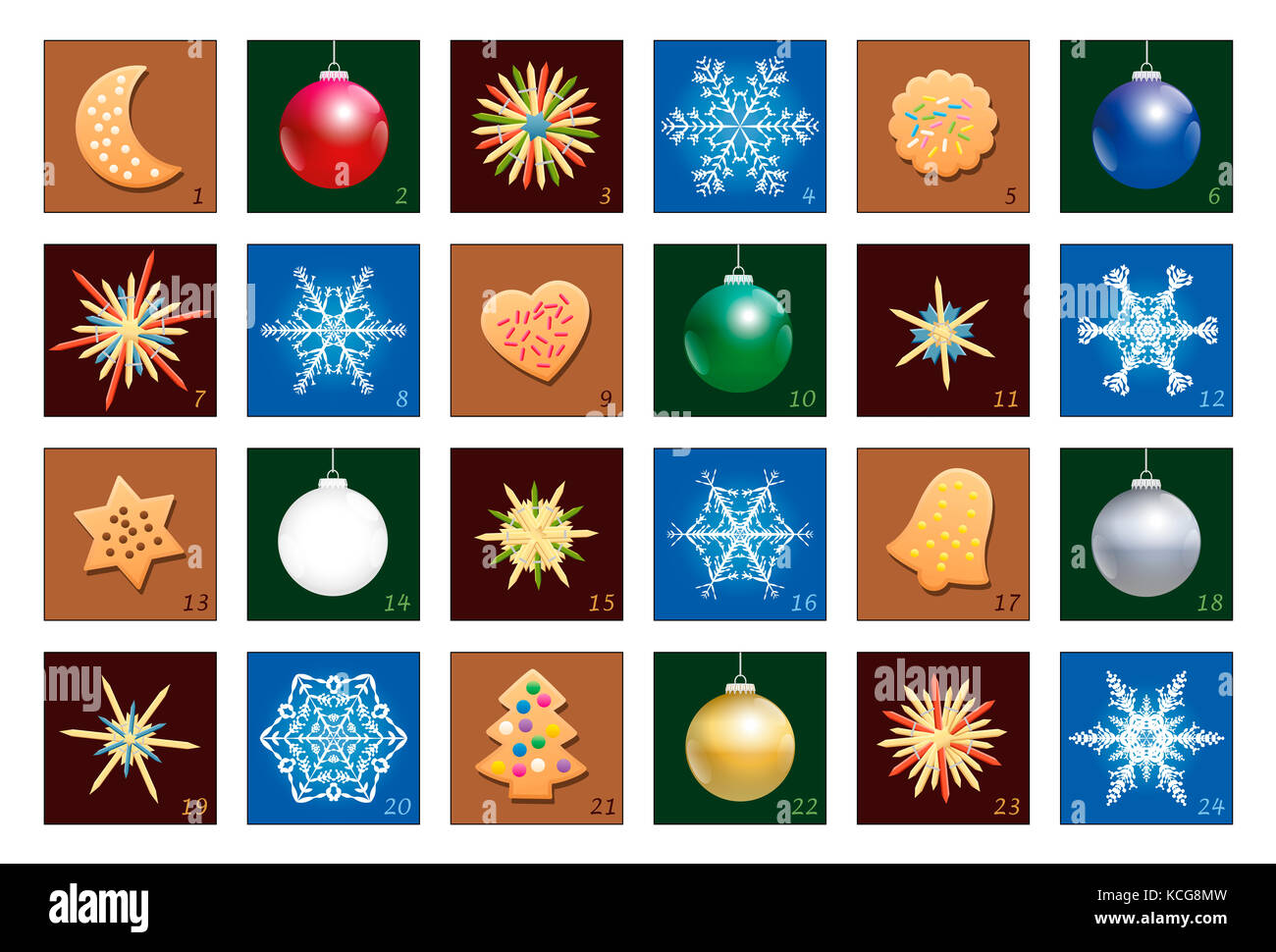 Calendario dell'avvento con palle di Natale, i fiocchi di neve, pasta frolla cookies e stelle di paglia - numerati in chiaro ordine ascendente. Foto Stock