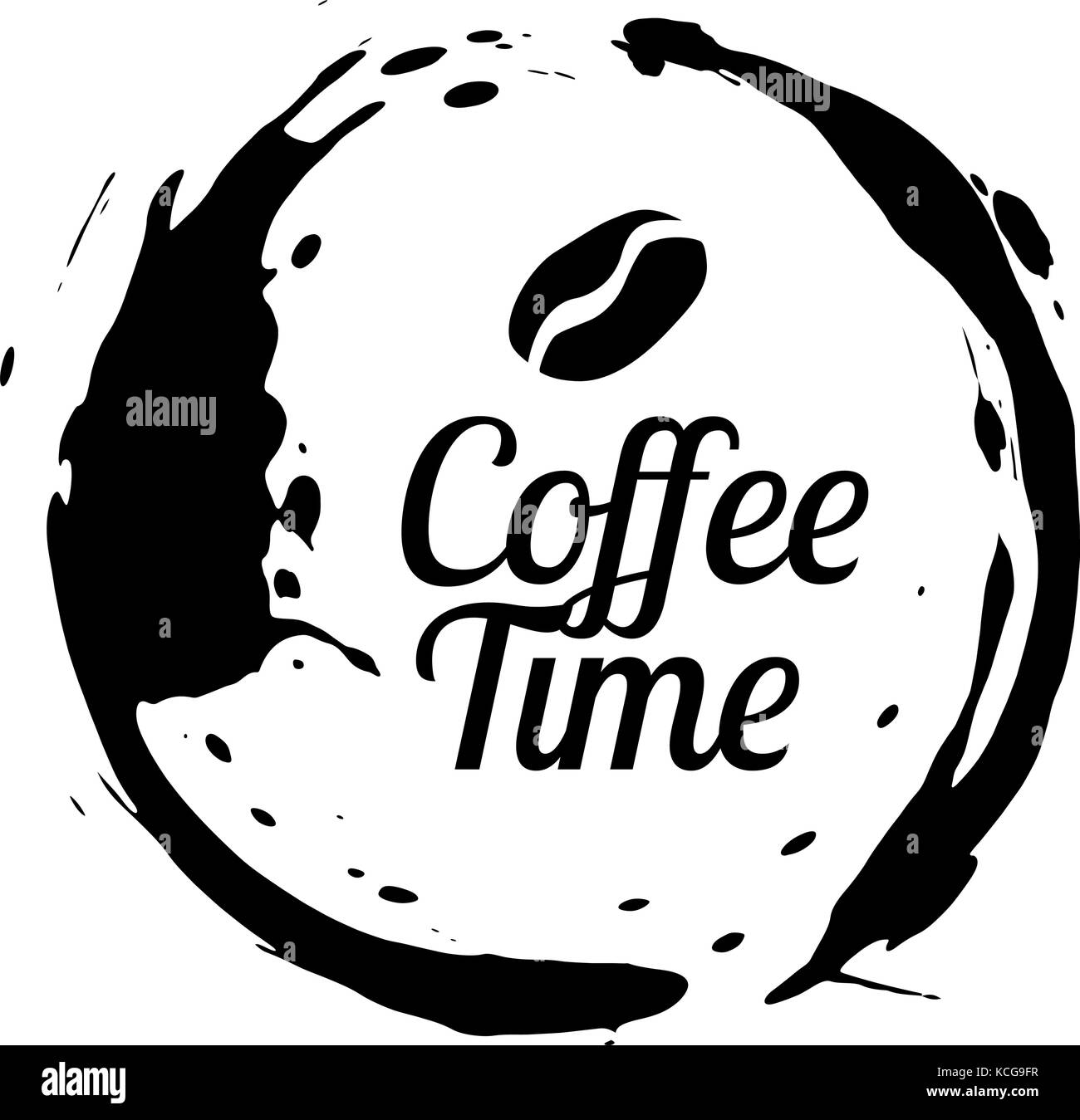 Cerchio di macchia tazza di caffè. Caffè in grani e lettere tempo di caffè. Vettore Illustrazione Vettoriale