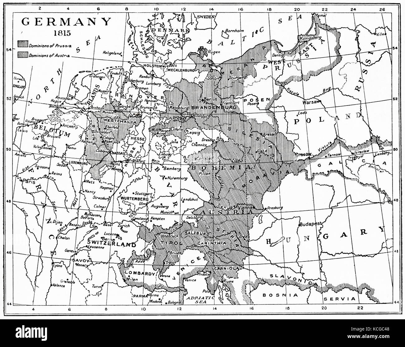 Mappa della Germania nel 1815 dopo il Congresso di Vienna. Da Hutchinson's History of the Nations, pubblicato nel 1915. Foto Stock