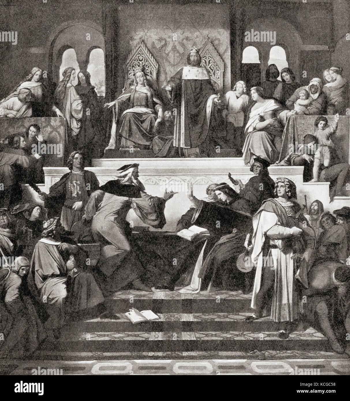 Il Concorso dei Minstrelli o Sängerkrieg, al Castello di Wartburg, in Germania, nel 1207. Dalla Storia delle Nazioni di Hutchinson, pubblicato nel 1915. Foto Stock