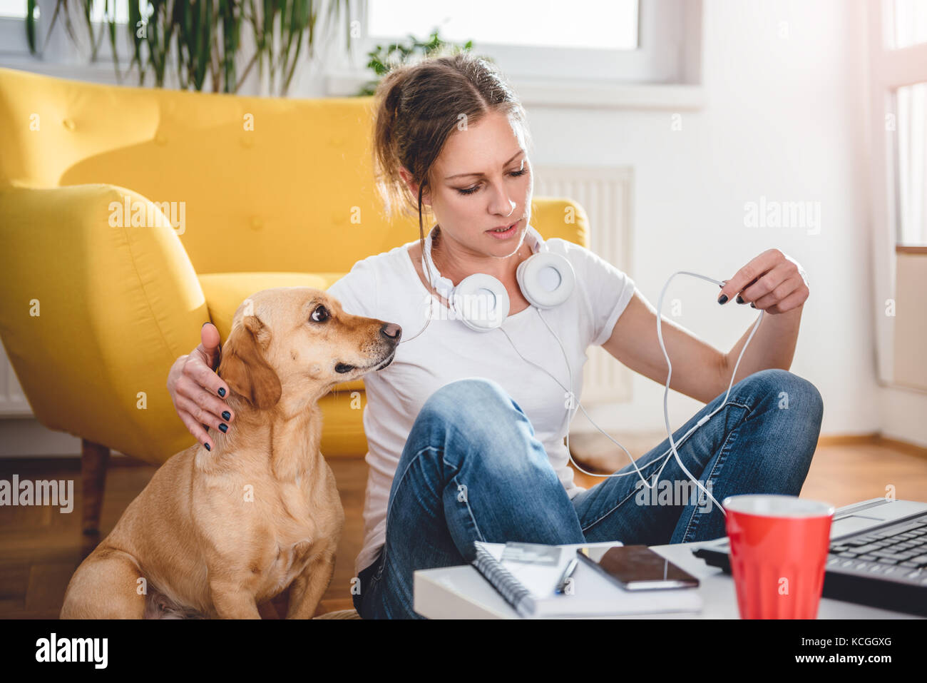 Donna seduta sul pavimento e accarezzare cane a casa Foto Stock