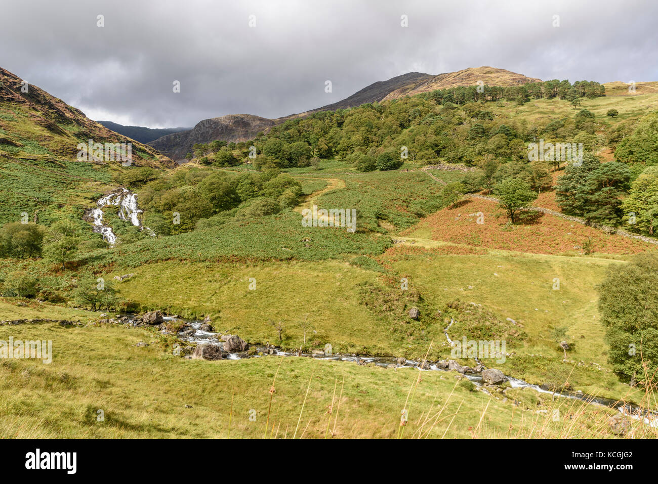 Rapide e cascate di afon cwm llan visto dal percorso watkin Snowdonia National Park, il Galles Foto Stock