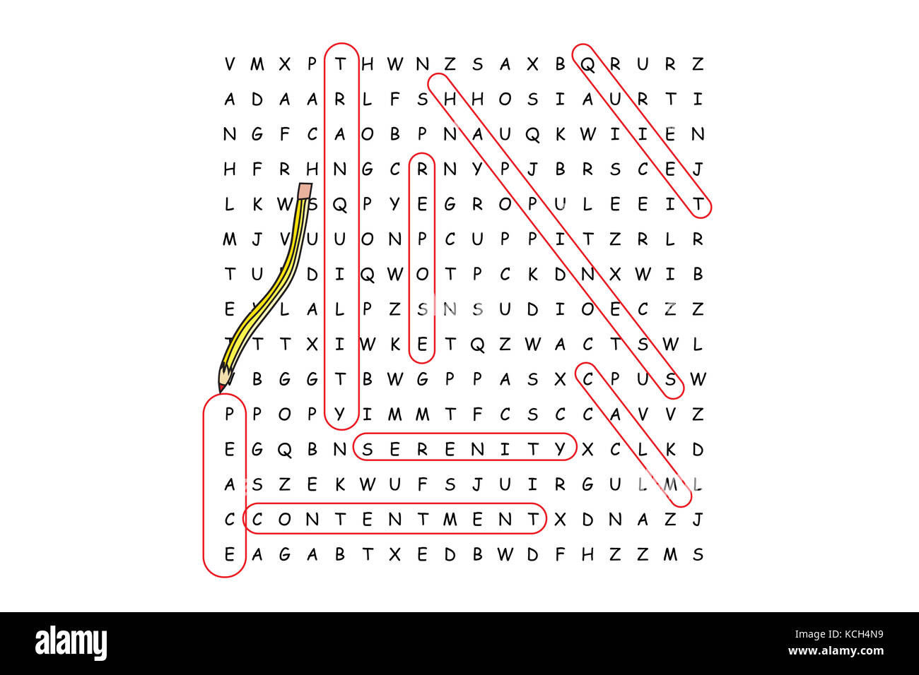 Trovando pace puzzle di ricerca di parola con la matita rossa e associate le parole. Foto Stock