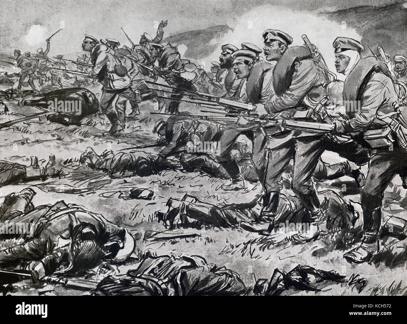 Questa illustrazione risale a circa il 1916. Esso mostra la fanteria russa avanza sotto il fuoco durante la guerra mondiale I. Foto Stock