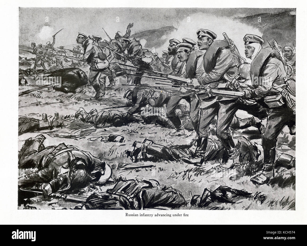 Questa illustrazione risale a circa il 1916. Esso mostra la fanteria russa avanza sotto il fuoco durante la guerra mondiale I. Foto Stock