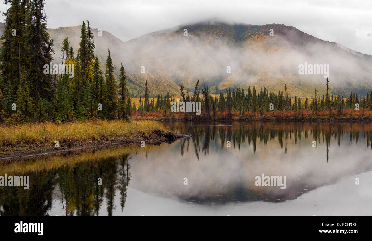 Paesaggio autunnale lungo la Highway 1, vicino al lago Mentasta, Alaska, Nord America. Foto Stock