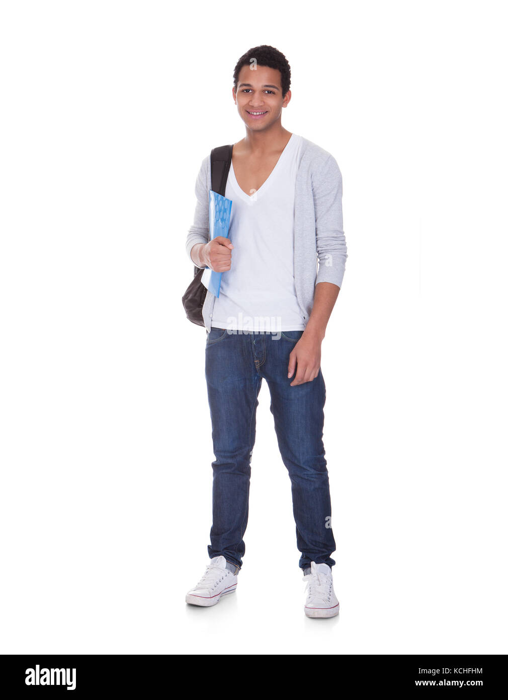 Ritratto di studente uomo isolato su sfondo bianco Foto Stock