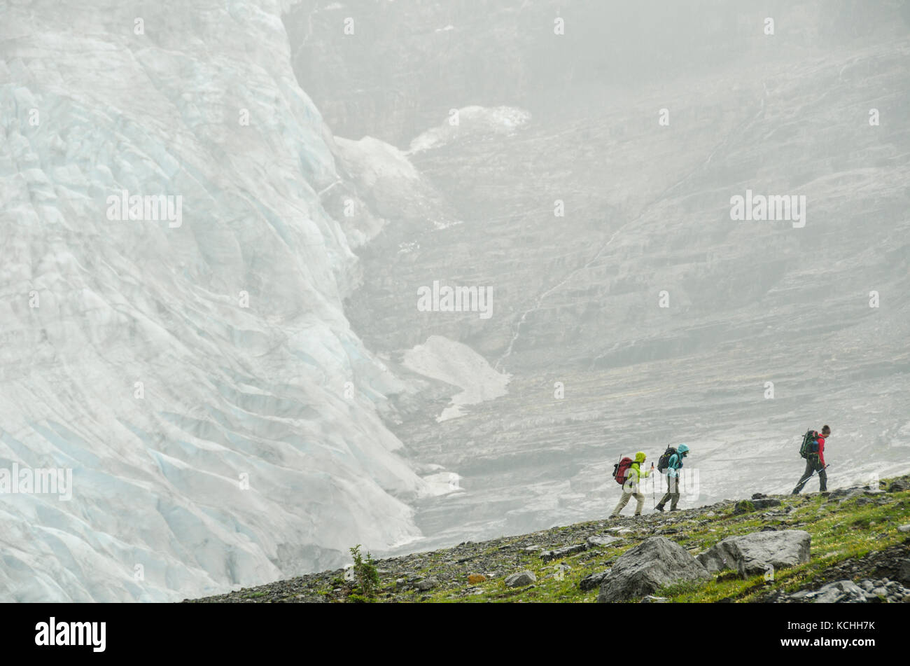 Escursioni a piedi nella parte anteriore del Lyell Icefield e cascate vicino ghiacciaio Lodge a nord di Golden, BC nelle Montagne Rocciose Canadesi Foto Stock