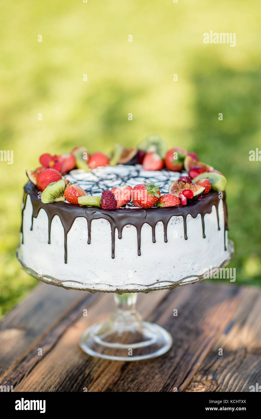 Chite crema torta di cioccolato e frutta estiva Foto Stock