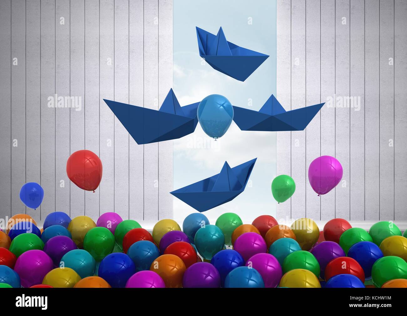 Digitali compositi di carta barche con palloncini in camera Foto Stock