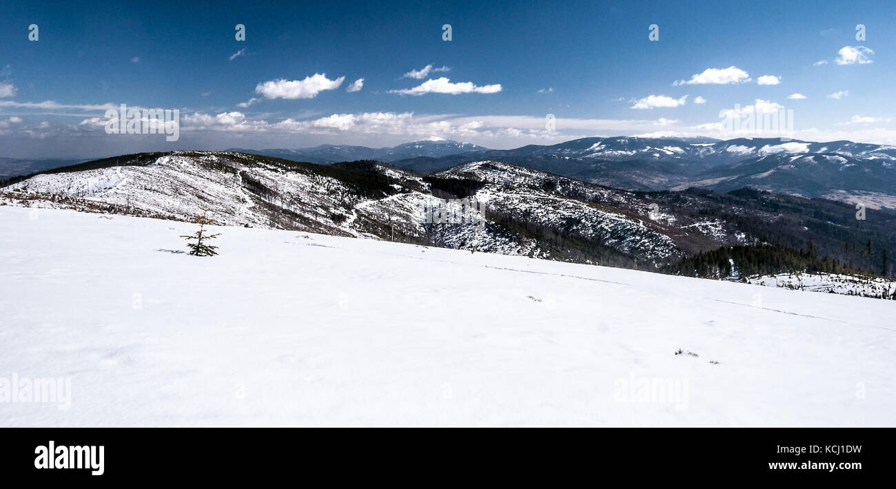 In inverno le montagne beskids panorama con Babia Gora, pilsko e altre colline sul polacco-terra di confine slovacco da magurka wislanska hill in Slesia beski Foto Stock