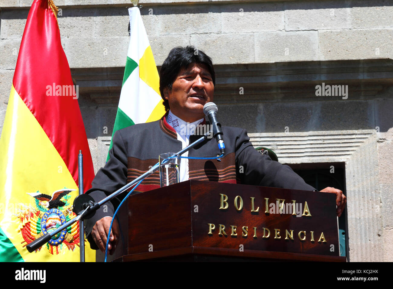 Il presidente boliviano Evo Morales fa un discorso durante un evento per commemorare la Giornata internazionale delle donne indigene, La Paz, Bolivia Foto Stock