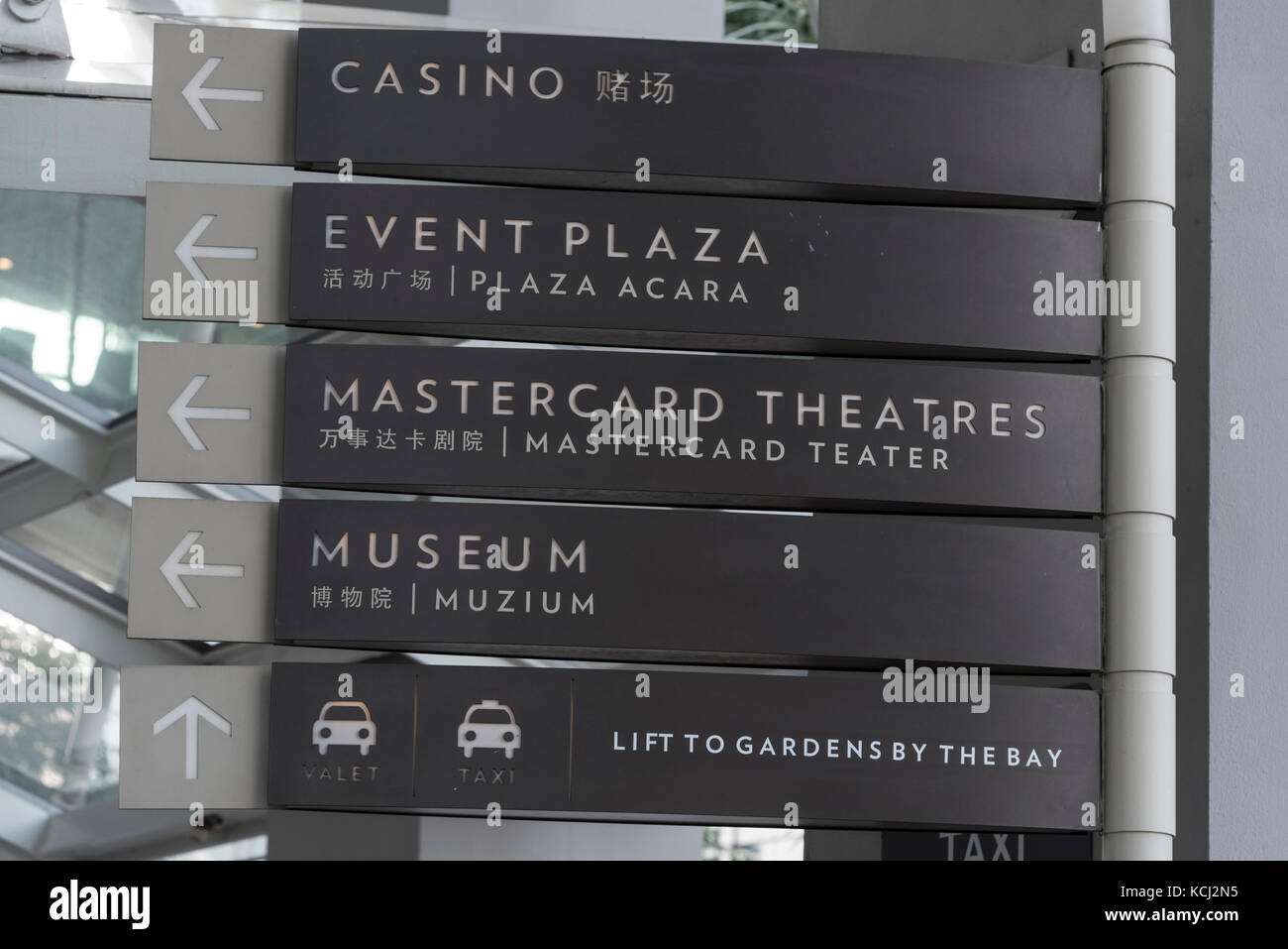 Un cartello per i visitatori all'interno dello Shoppres a Marina Bay Sands a Singapore. Il centro commerciale e' il piu' grande centro commerciale di lusso in Singapore, con un certo numero di Foto Stock