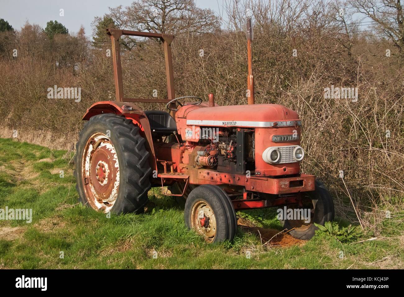 Vecchio abbandonato il nuffield il trattore nel campo Foto Stock