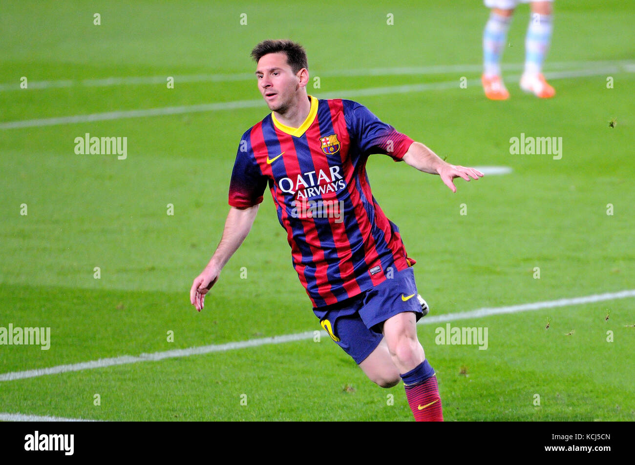 BARCELLONA - Mar 26: Lionel messi, calciatore argentino del Barcellona, celebra il suo gol contro il Celta de Vigo al Camp Nou in campionato spagnolo Foto Stock