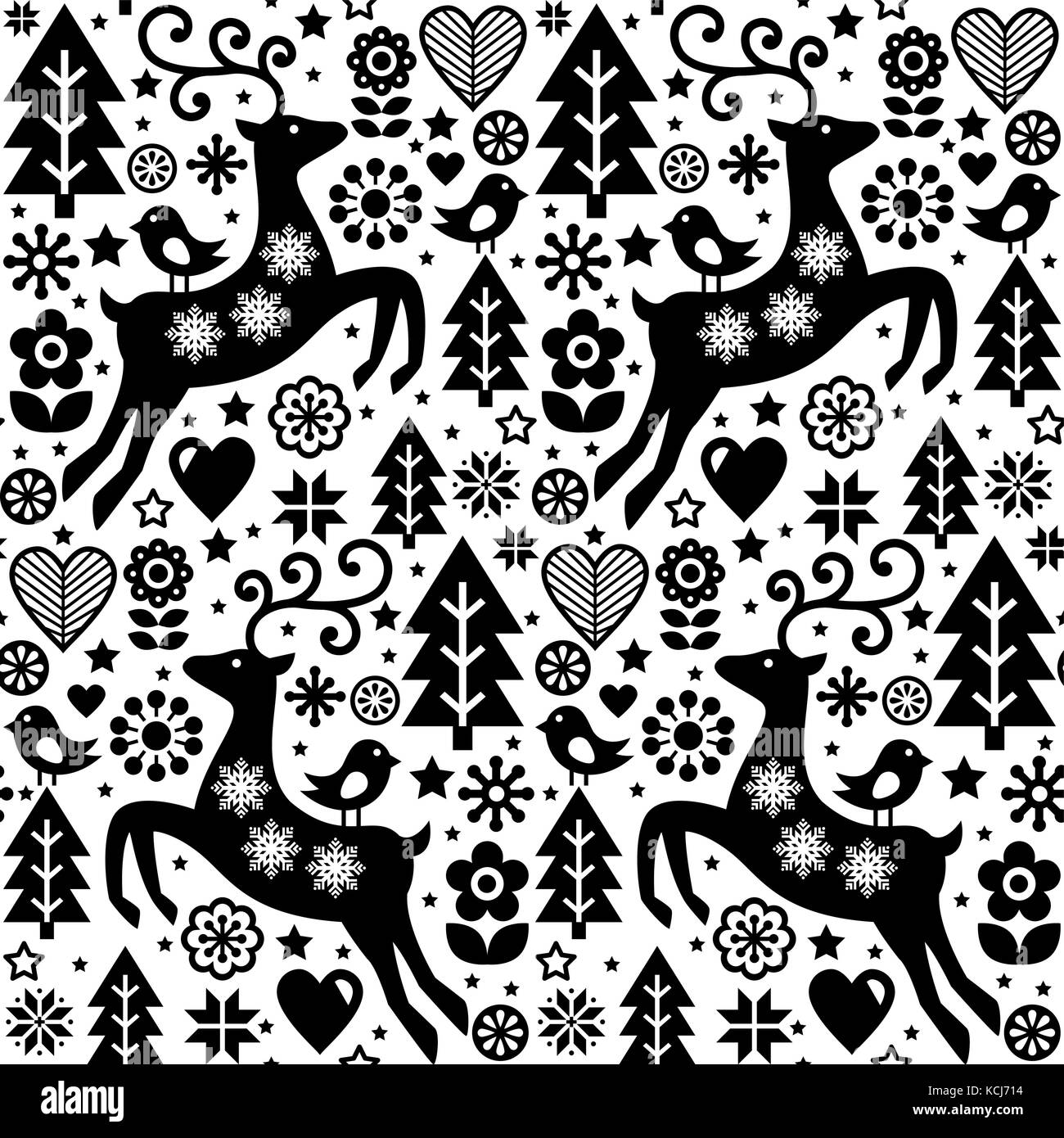 Sfondi Natalizi Renne.Vettore Di Natale Stile Folk Seamless Pattern Scandinavian Design In Bianco E Nero Renne Uccelli E Fiori Decorazione Sfondo Immagine E Vettoriale Alamy