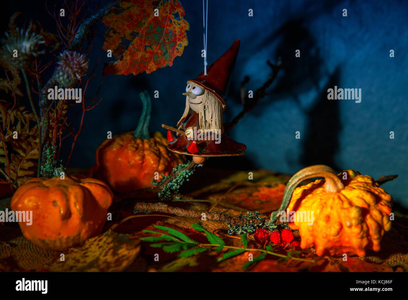 Misteriosa buona strega su una scopa in una fairy night autunno foresta con zucche di Halloween witch bambola giocattolo pendente. Foto Stock