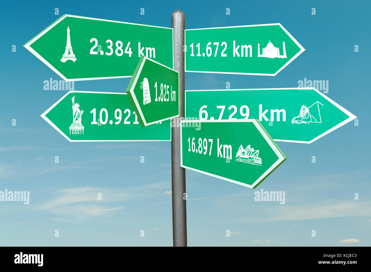 Cartello stradale che indica sei famosa in tutto il mondo edifici con  distanze in chilometri sopra il cielo blu Foto stock - Alamy