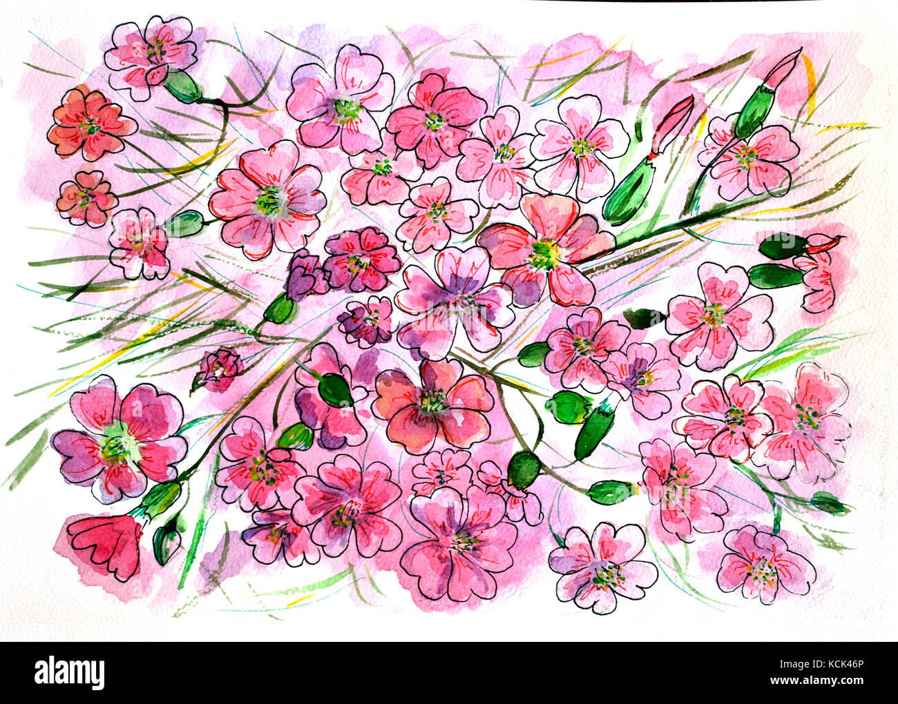 Fiori, red rose con foglie acquerello Foto Stock