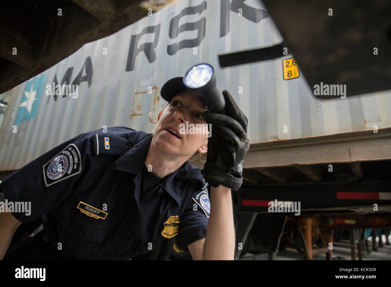 U.S. Customs and Border Protection National Agriculture Cargo targeting Unit Field Operations Inspection Officer ispezionano i contenitori di carico importati per individuare specie invasive di insetti e piante al porto di Baltimora il 26 luglio 2017 a Baltimora, Maryland. (Foto di Glenn Fawcett via Planetpix) Foto Stock