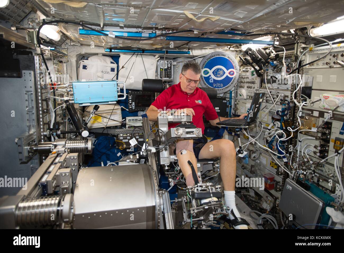 L'astronauta italiano Paolo Nespoli, membro principale dell'equipaggio della NASA International Space Station Expedition 52, dell'Agenzia spaziale europea, utilizza la cattedra Muscle atrophy Research & Exercise System nel modulo Columbus 1 agosto 2017 in orbita terrestre. (Foto della NASA foto via Planetpix) Foto Stock