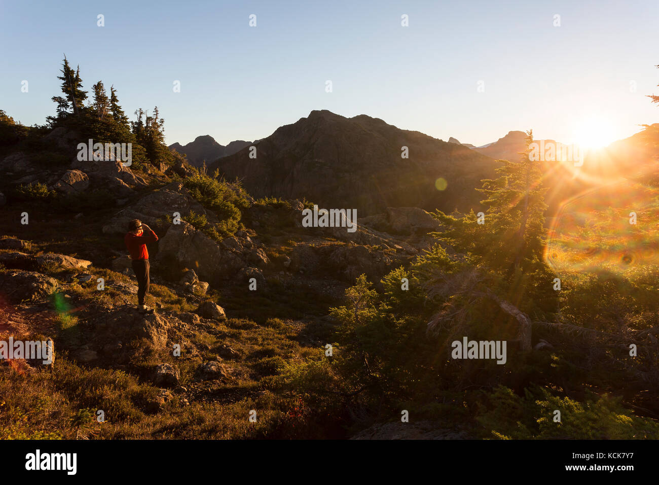 Un escursionista solista guarda un alba di prima mattina illuminando Flower Ridge, Strathcona Park, Central Vancouver Island, British Columbia, Canada Foto Stock