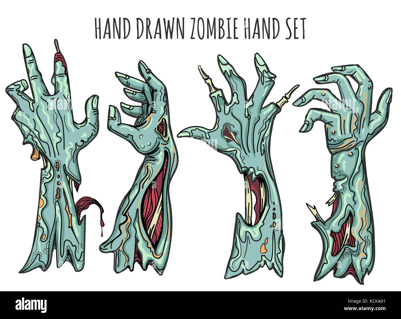 Zombie set mano isolati su sfondo bianco. afferrare il raggiungimento di zombie bracci con sangue e decadimento illustrazione vettoriale Illustrazione Vettoriale