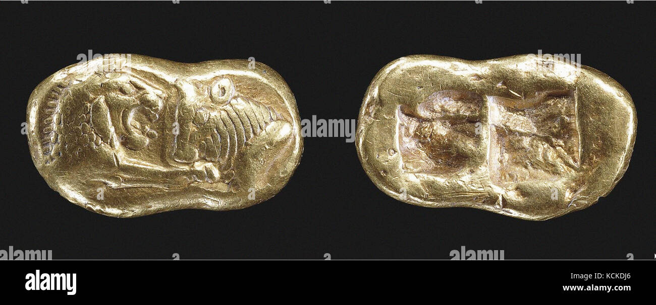 6159. moneta in oro da sardi (centrale turchia) c. 560-547 A.C. al tempo di re Creso, re di Lidia. Foto Stock