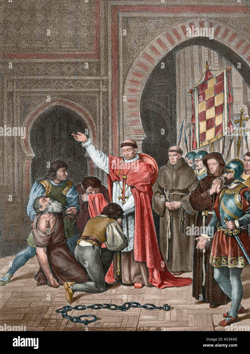 La conquista spagnola di Oran, 17 maggio 1509, dalla monarchia ispanico quando un esercito guidato da Pedro Navarro (1460-1528) a nome del Cardinale Cisneros (1436-1517) sequestrati nord-città africana, che è stato controllato dai mori di Tlemcen. Incisione. Colorati. Foto Stock