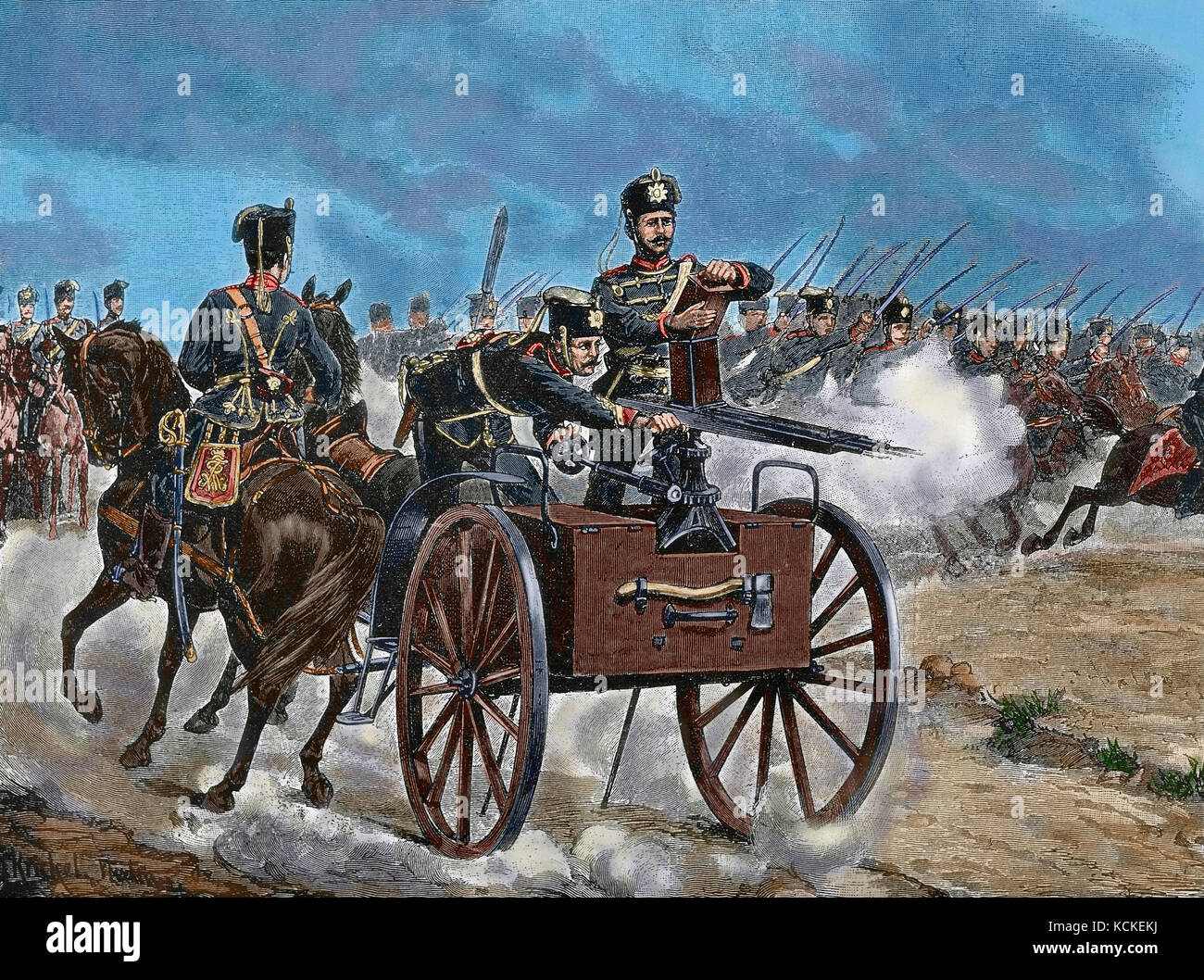 Guerra franco-prussiana (1870-1871). Truppe della Guardia Prussiana. Incisione. 'La Ilustracion', 1870. Colorati. Foto Stock