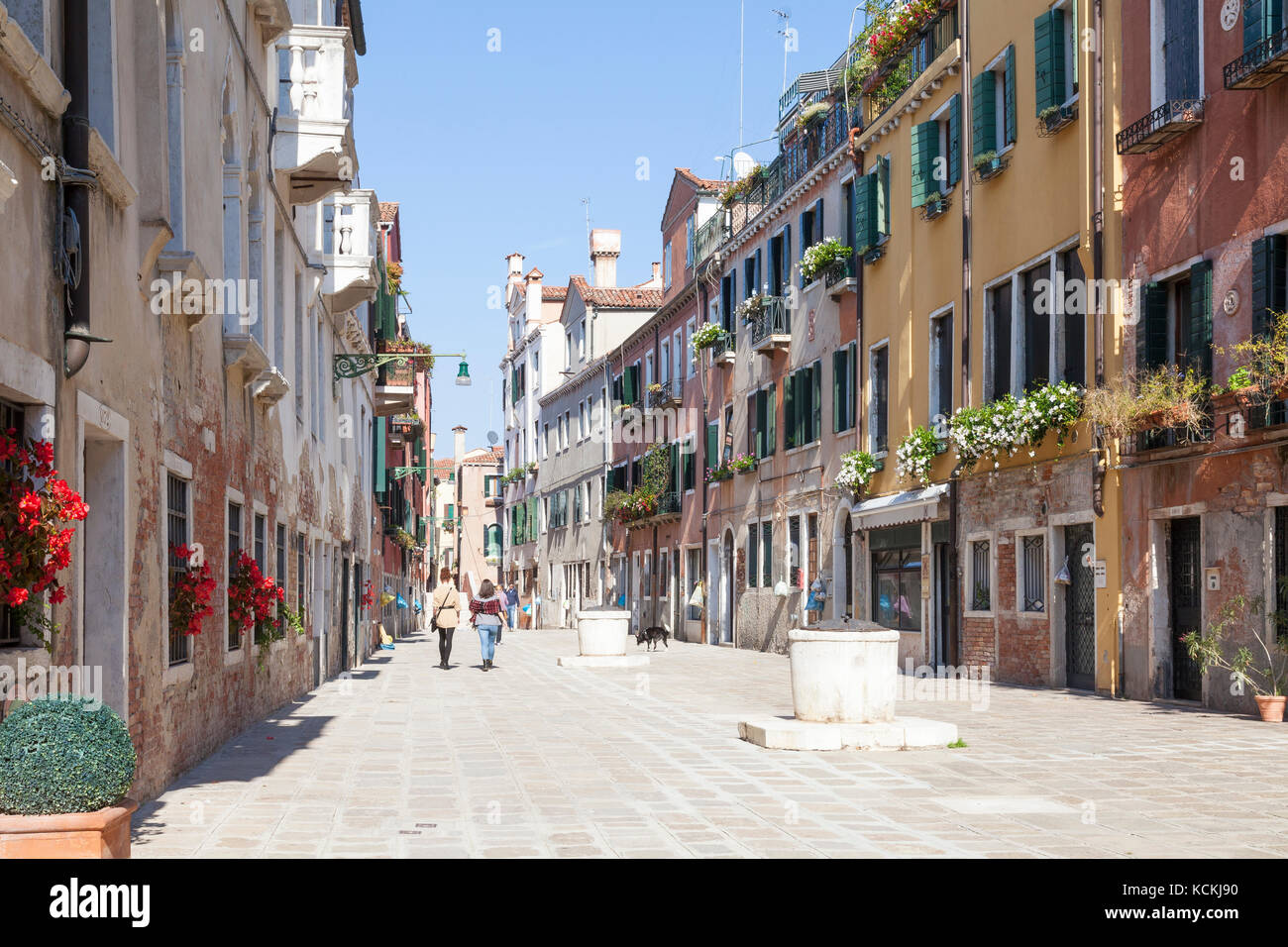 Cannaregio, Venezia, Veneto, Italia. Ruga Do Pozzi, una pittoresca piazza o campiello con antichi pozzi dopo che esso è chiamato e fiori d'estate Foto Stock