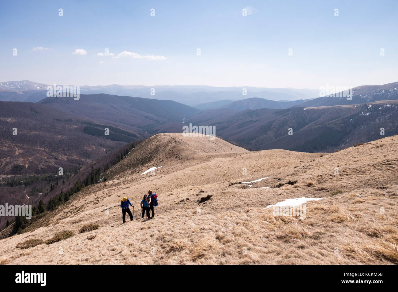 Gruppo di amanti della montagna escursione il più alto picco di neamtului mountain range in Romania, il vertice neamutlui 1923m Foto Stock