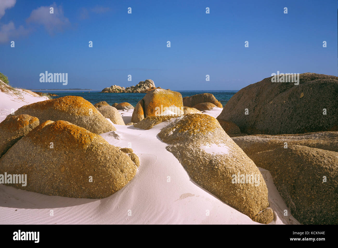 Massi di granito, sul percorso della Bay of Fires Walk. Mount William National Park, Tasmania, Australia Foto Stock