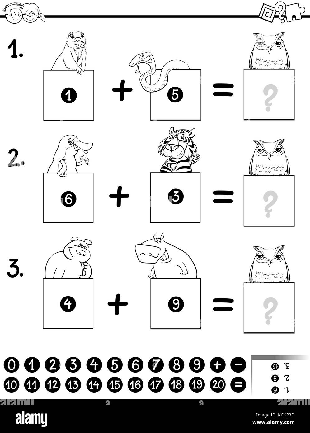 Bianco e nero cartoon illustrazione della matematica educative oltre gioco  di puzzle per bambini con personaggi animali libro da colorare Immagine e  Vettoriale - Alamy