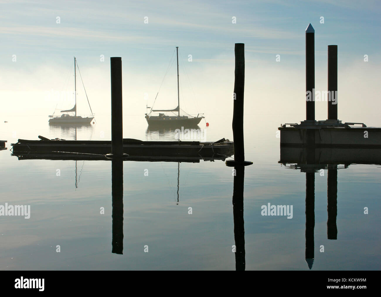 Marina sul fiume Tamar al Beauty Point in una mattinata invernale nebbia. Tasmania, Australia Foto Stock