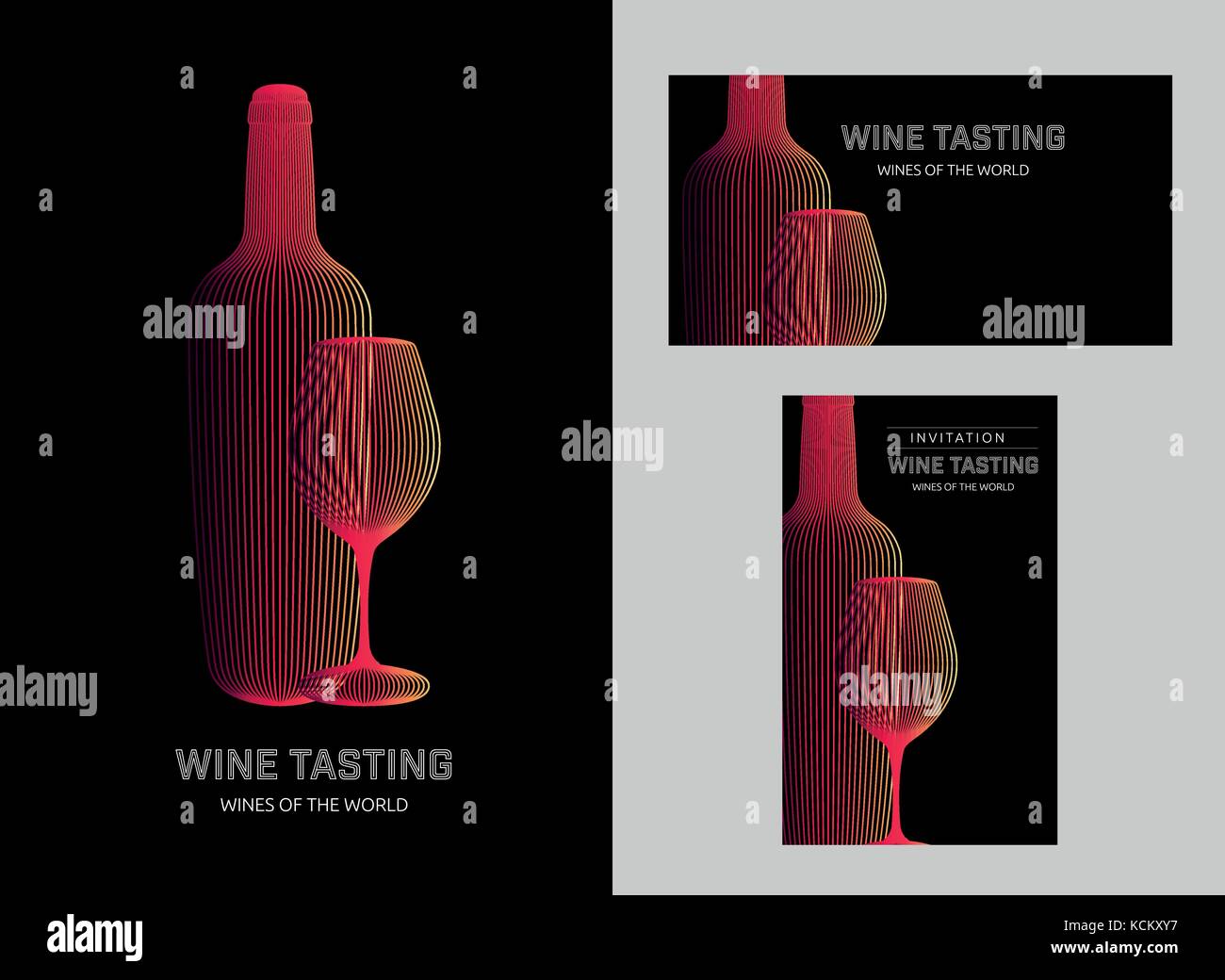 Modello di progettazione con i moderni illustrazione del bicchiere di vino e una bottiglia. Illustrazione Vettoriale. Illustrazione Vettoriale