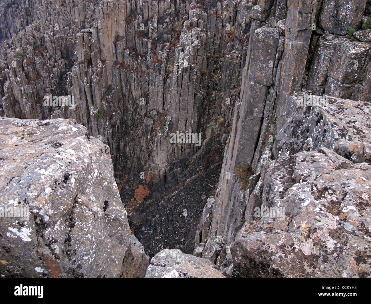 Gullet dei diavoli nella scarpata doleritica dei grandi Tieri occidentali e formazioni rocciose colonnari. Central Plateau Conservation Area, Tasmania settentrionale Foto Stock