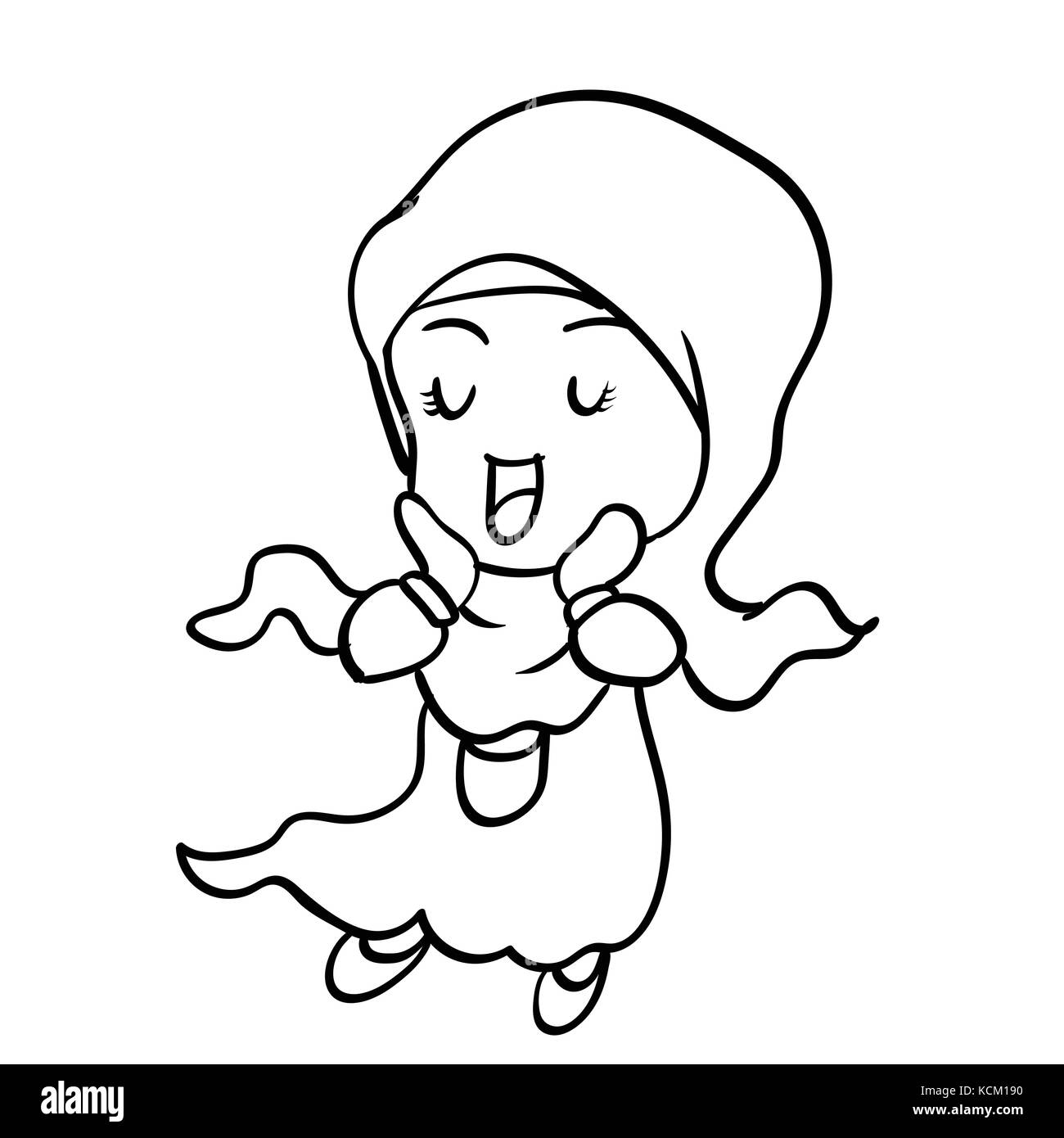 Disegno a mano di carino ragazzina musulmana cartoon isolati su sfondo bianco in bianco e nero linea semplice illustrazione vettoriale per libro da colorare - linea tracciata Illustrazione Vettoriale