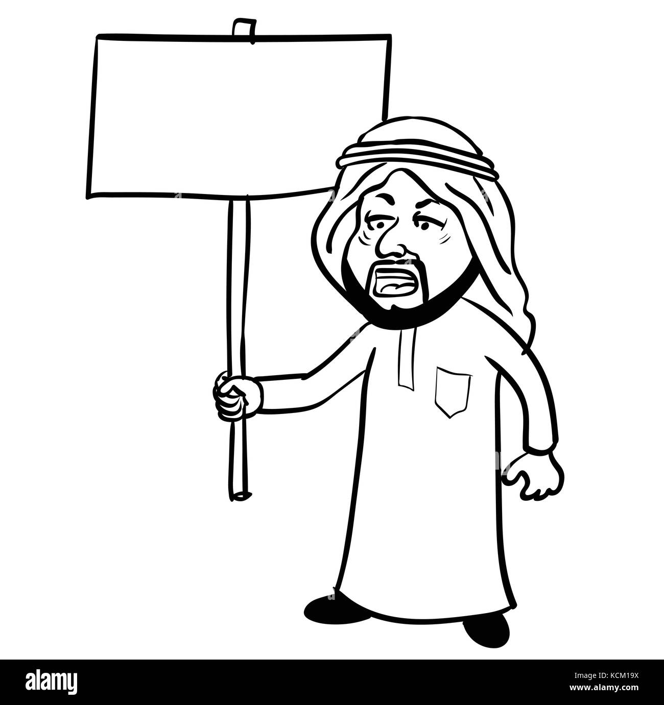Cartoon di islam uomo arabo protesta, uomo musulmano nella tradizionale tunica bianca costume e zucchetto holding targhetta vuota con copia spazio isolato. il vettore Illustrazione Vettoriale
