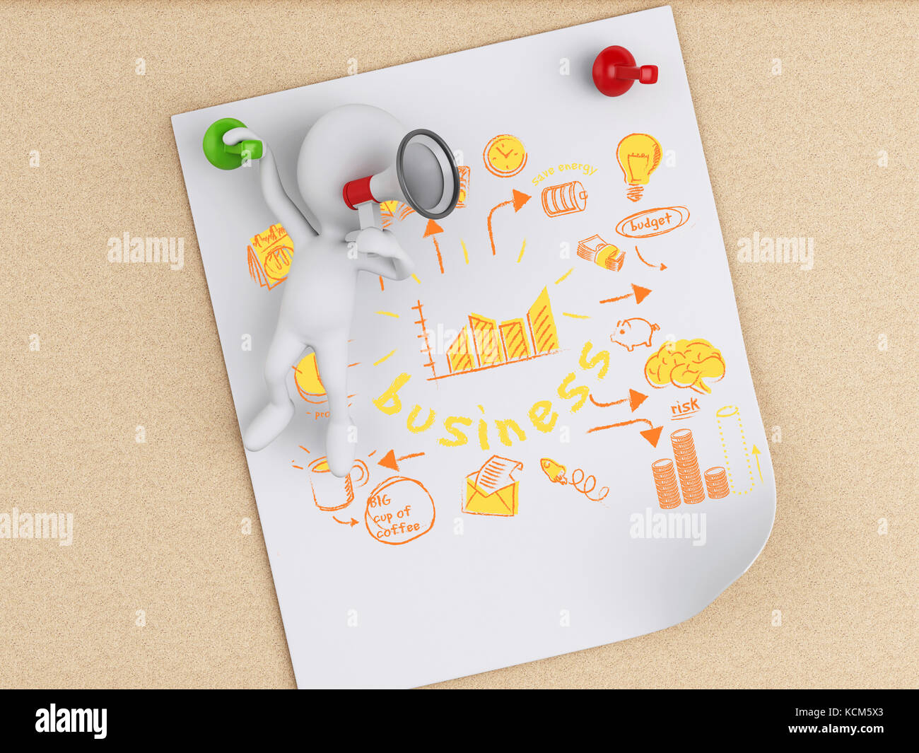 3d illustrazione. popolazione bianca e post-it con il business schizzo sulla bacheca di sughero dello sfondo. Foto Stock