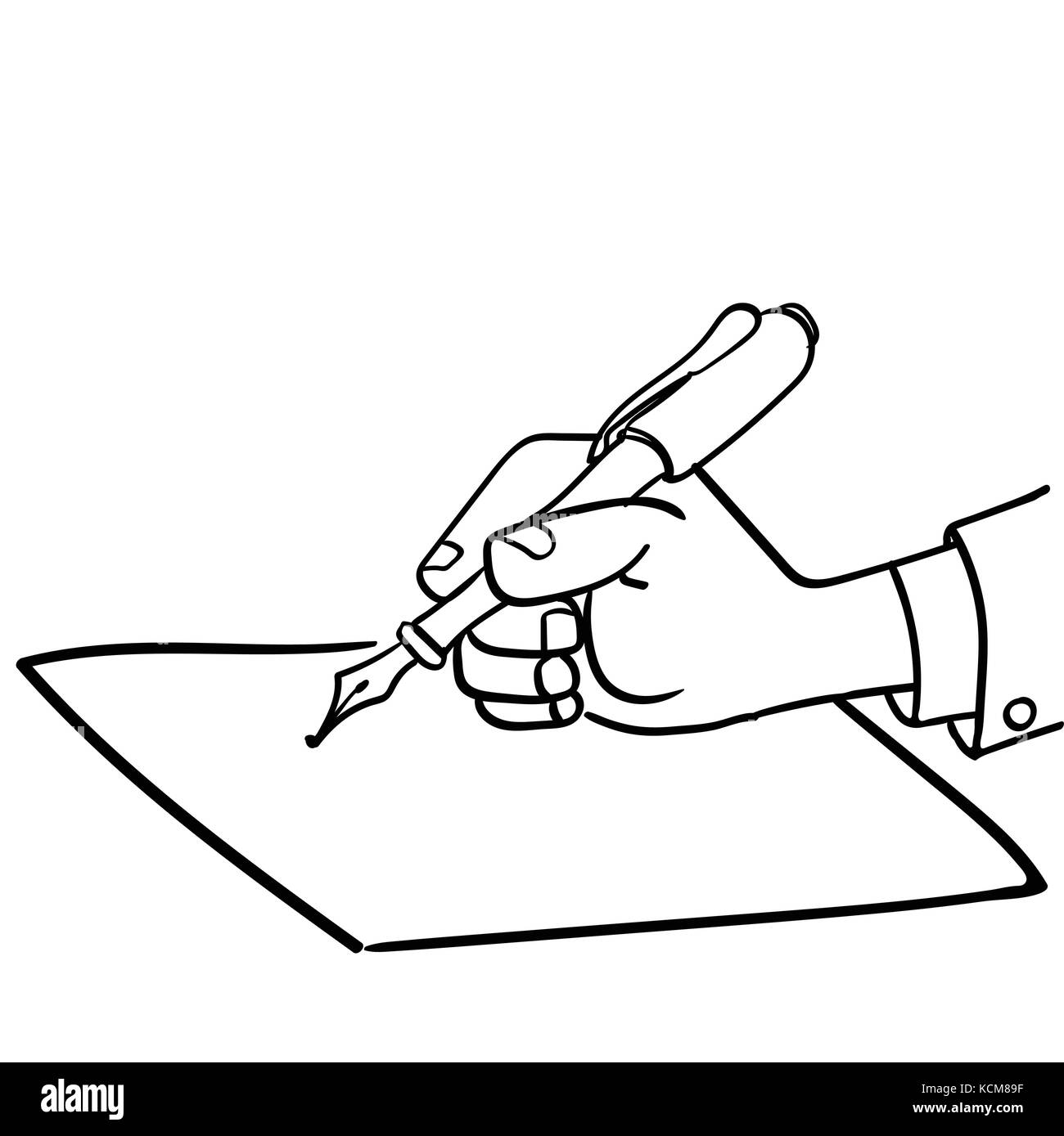 Cartoon imprenditore scrivere con una penna in mano, close-up di una scrittura a mano su carta-disegnati a mano illustrazione vettoriale. Illustrazione Vettoriale