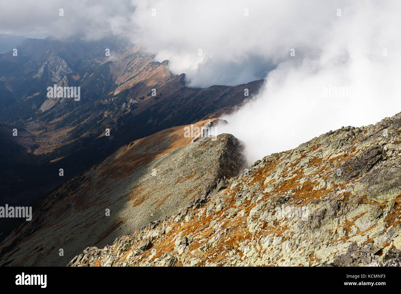 Alti Tatra coperte con ripiano nuvole, vista da Kasprowy Wierch verso Kondracka Kopa, Polonia Foto Stock