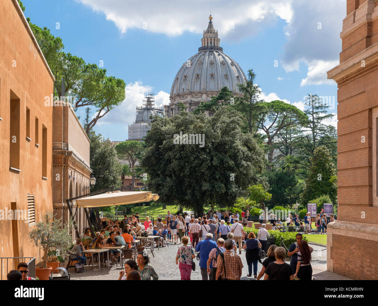 La cupola della Basilica di San Pietro dai giardini dei Musei Vaticani, Città del Vaticano, Roma, Italia Foto Stock