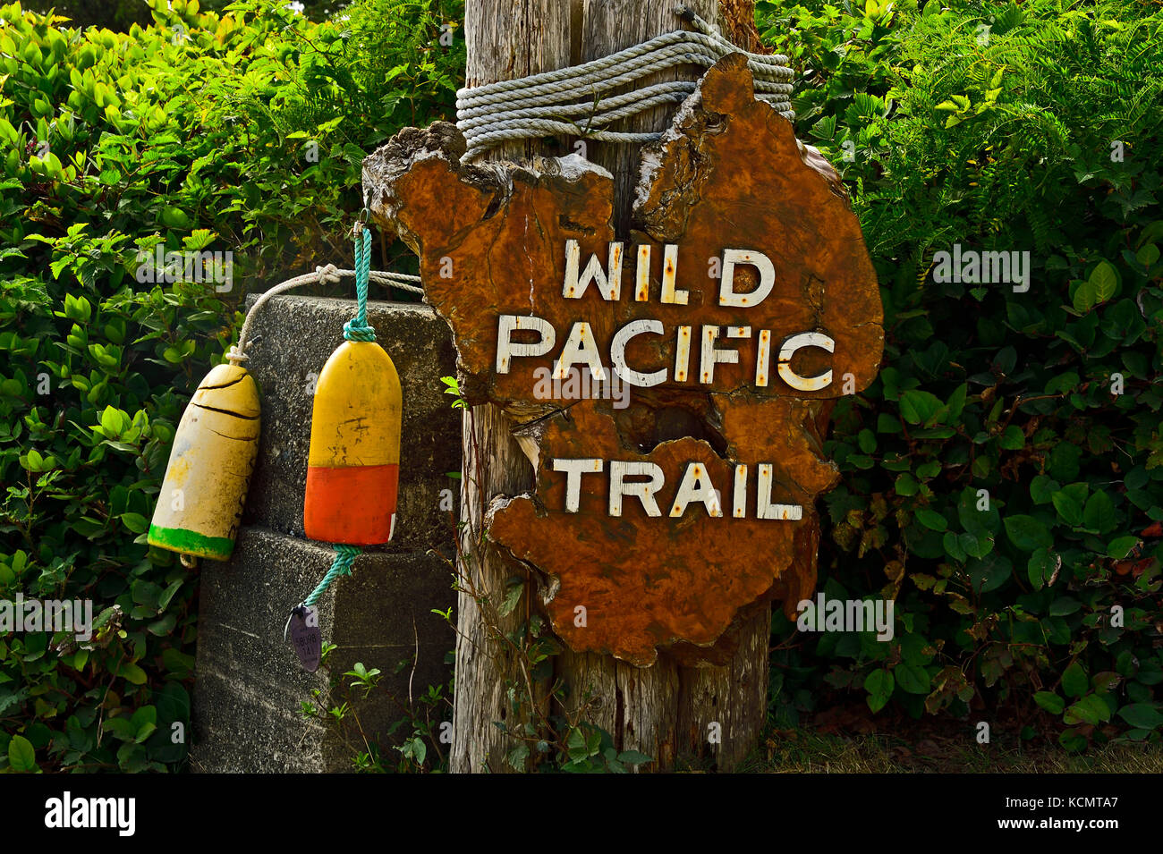 Un cartello in legno per informare gli escursionisti che essi sono sulla Wild Pacific Trail sulla costa occidentale dell'isola di Vancouver, British Columbia, Canada. Foto Stock